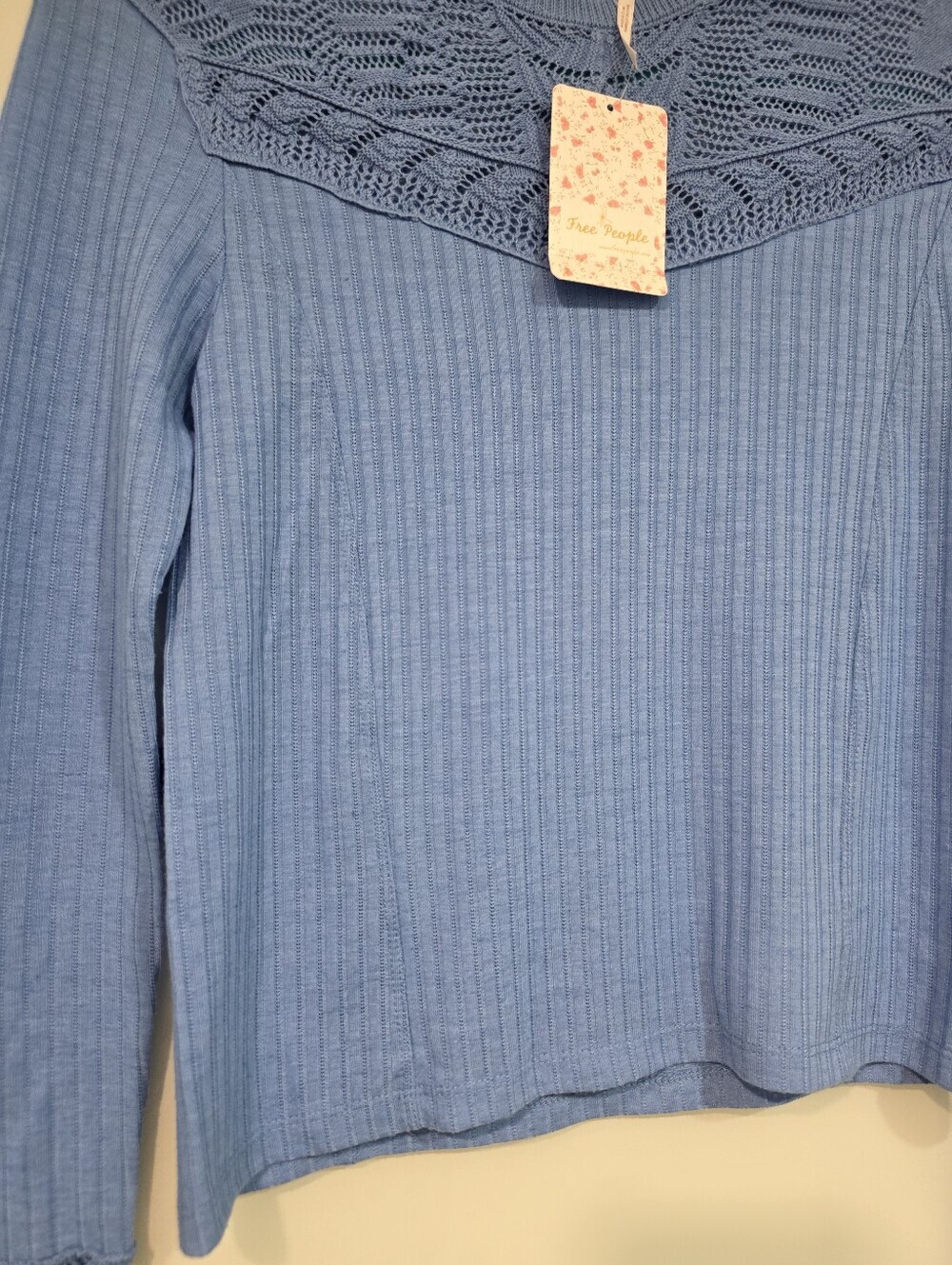 Free People Colette Blue Pointelle Ribbed Knit Sweater XS NWT - Picture 9 of 16